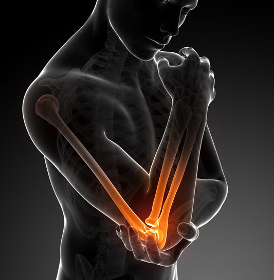 X-ray type image of person holding inflamed elbow